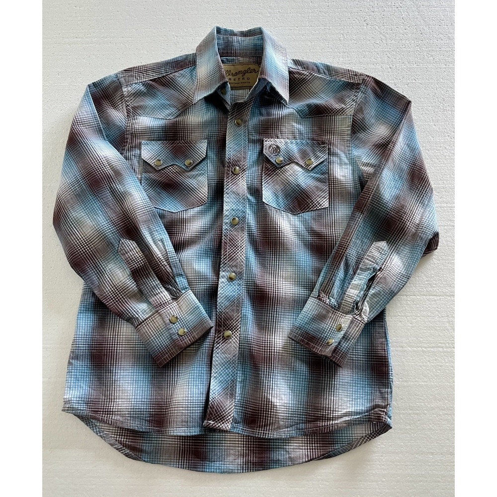 Boys  WRANGLER Retro Plaid Long Sleeved Snap Button Down Western Shirt Sz Medium